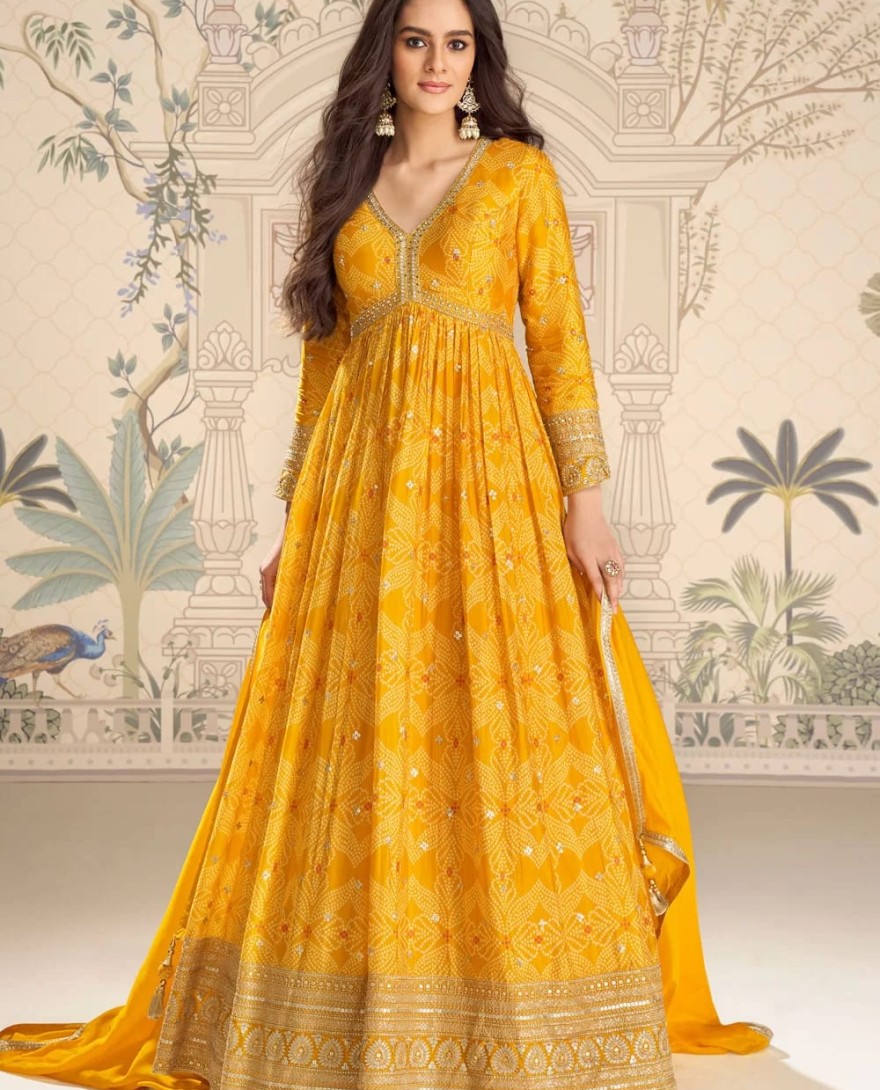 YELLOW - Yellow Chinon Digital Print and Embroidered Work Designer Gown