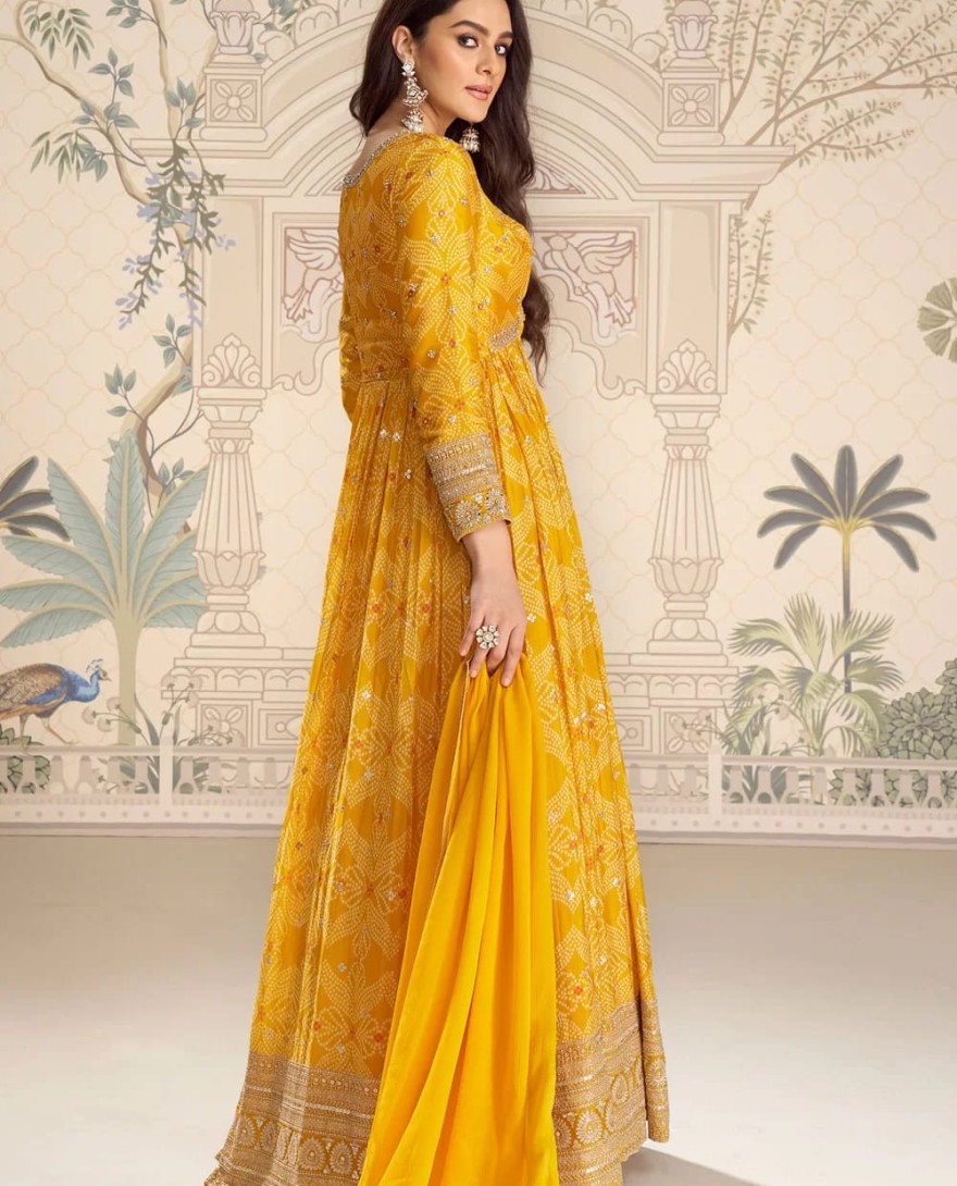 YELLOW - Yellow Chinon Digital Print and Embroidered Work Designer Gown