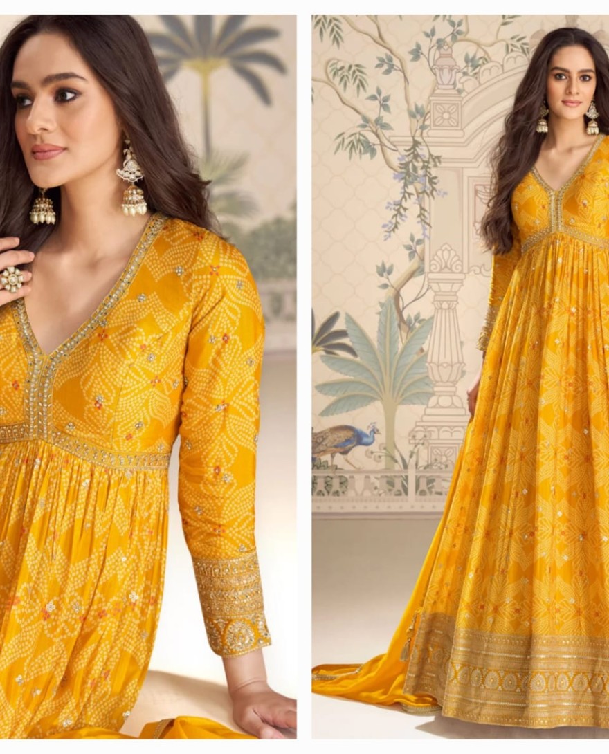YELLOW - Yellow Chinon Digital Print and Embroidered Work Designer Gown