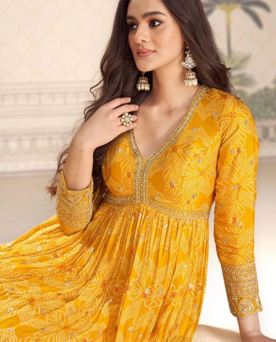 YELLOW - Yellow Chinon Digital Print and Embroidered Work Designer Gown