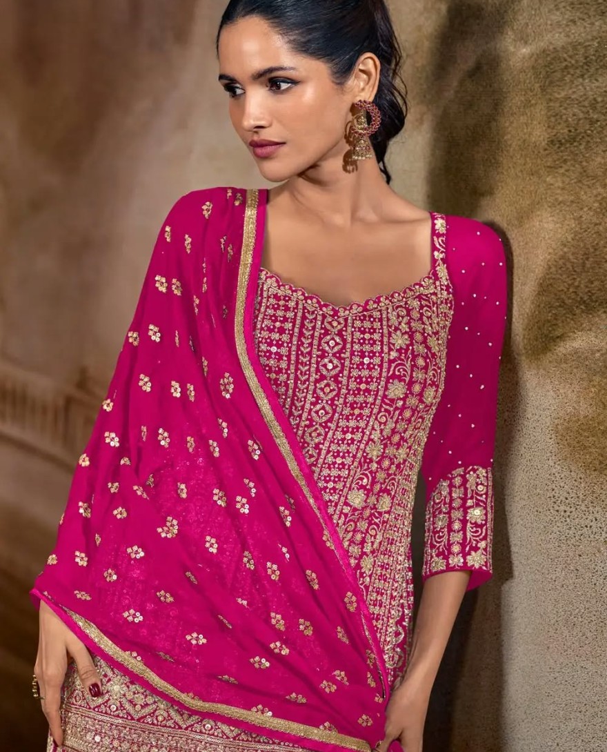 MAGENTA - Magenta Georgette Embroidered Pakistani Suit 