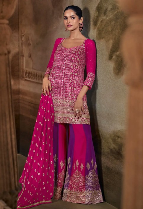 Magenta Georgette Embroidered Pakistani Suit 