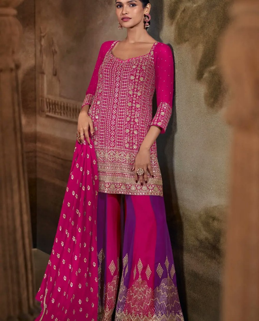 MAGENTA - Magenta Georgette Embroidered Pakistani Suit 