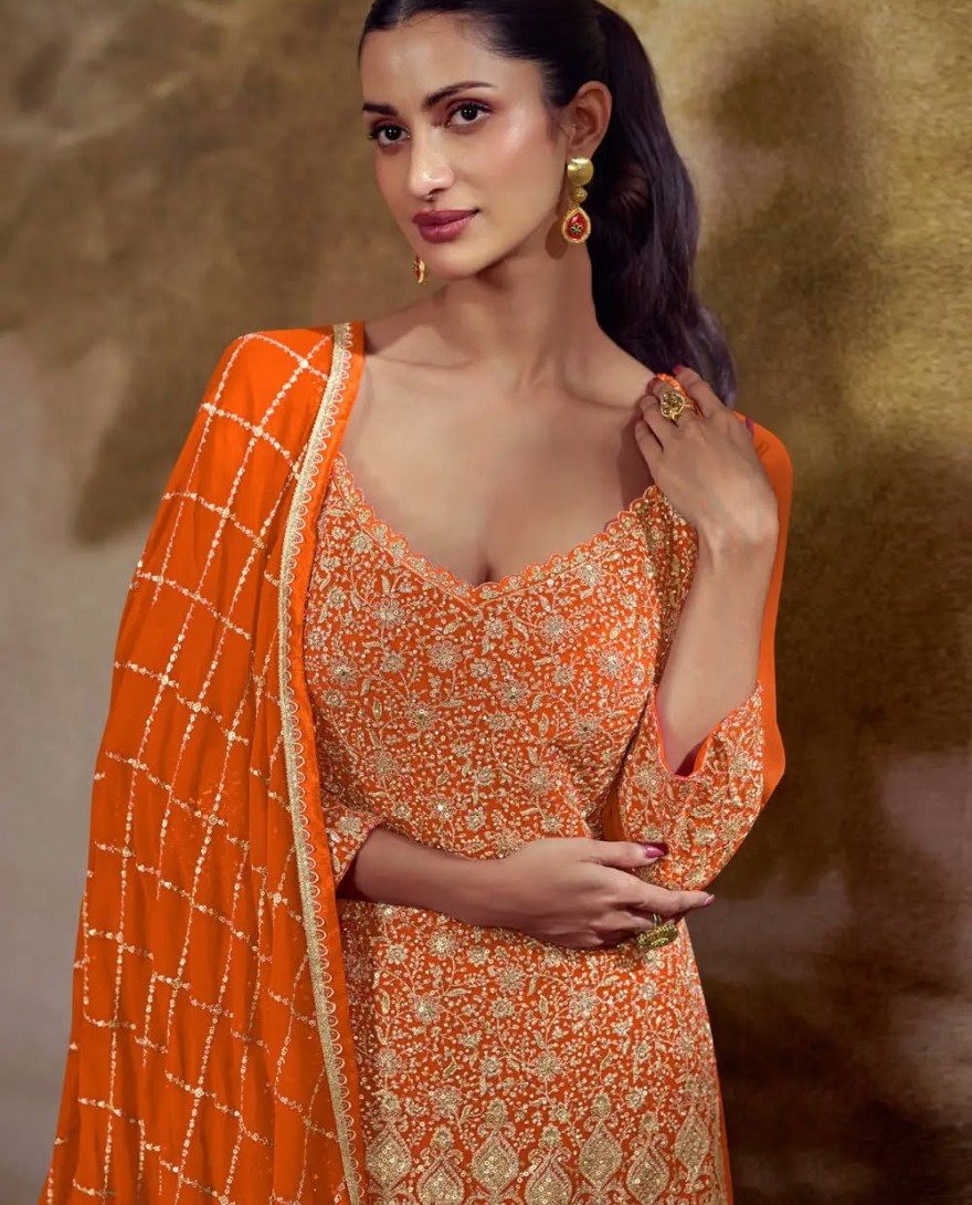 ORANGE - Orange Georgette Embroidered Pakistani Suit