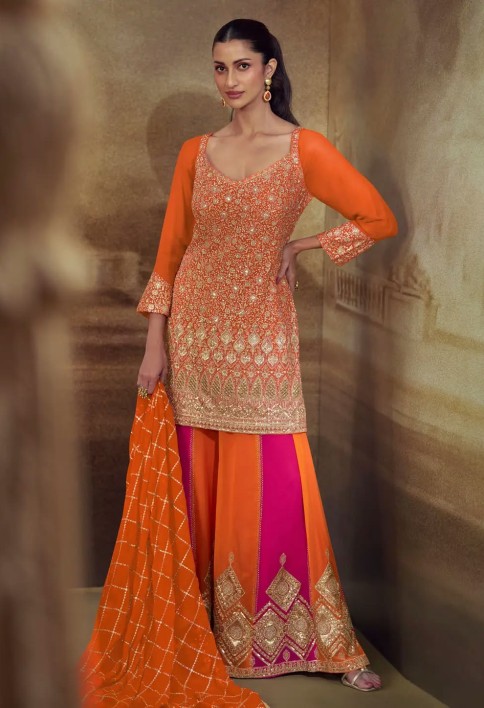 Orange Georgette Embroidered Pakistani Suit
