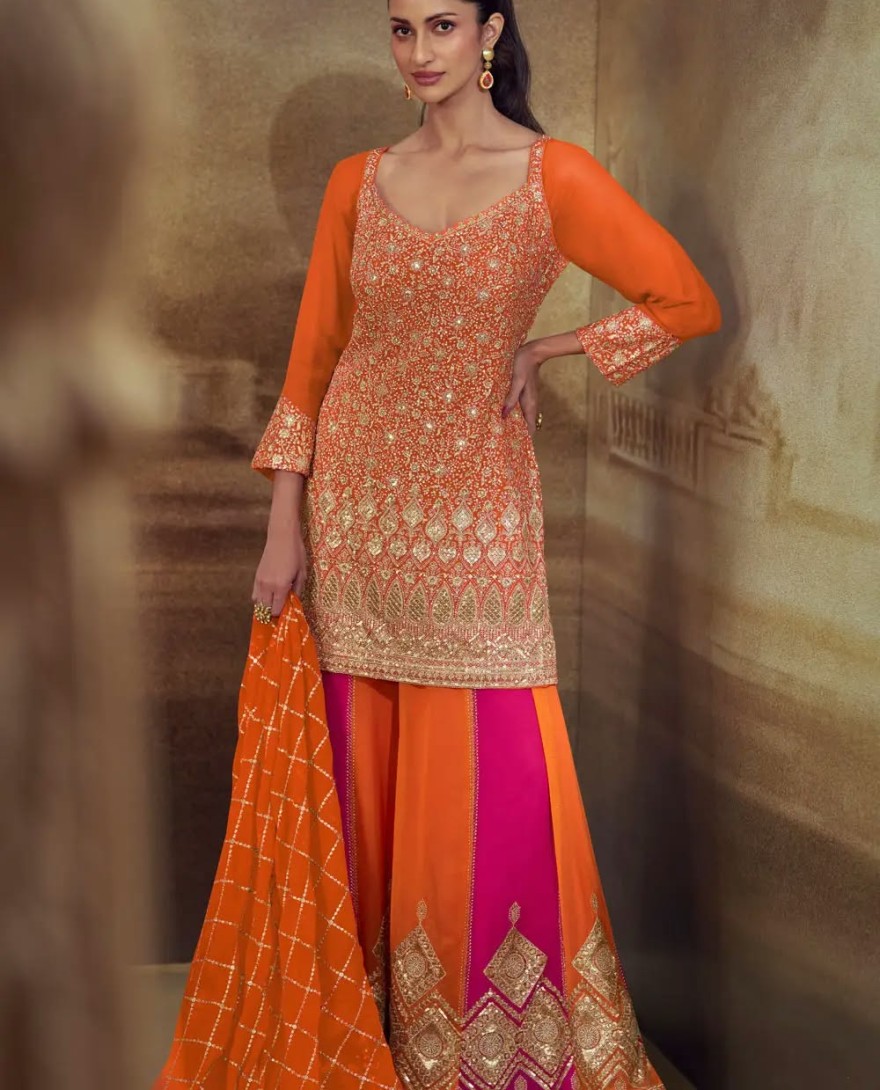 ORANGE - Orange Georgette Embroidered Pakistani Suit