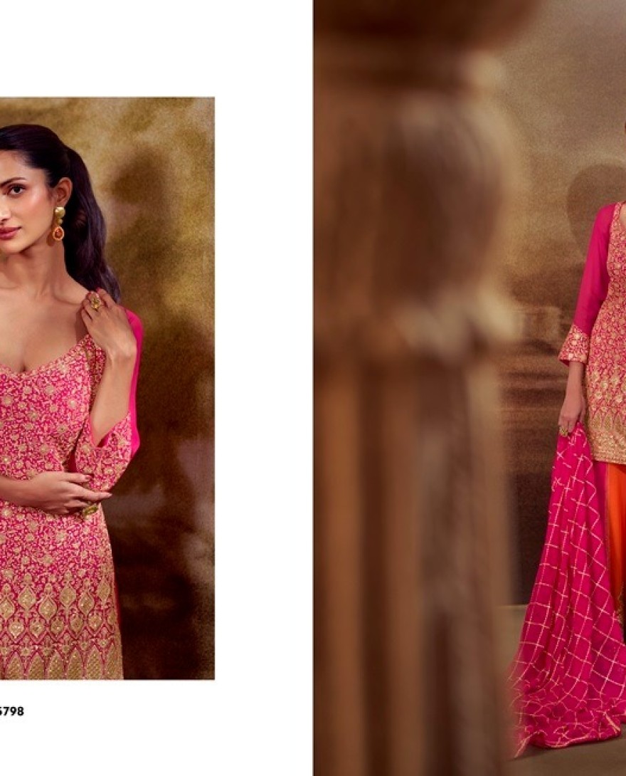 PINK - Pink Georgette Embroidered Palazzo Suit