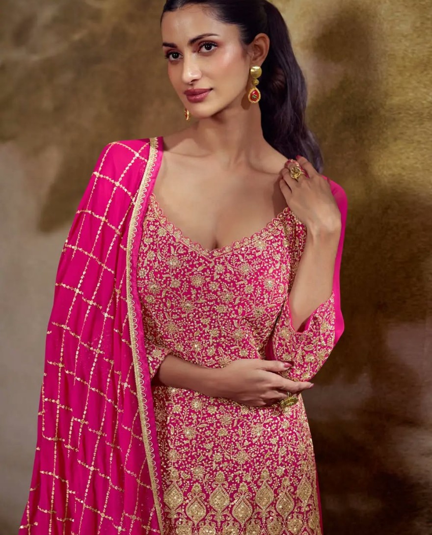 PINK - Pink Georgette Embroidered Palazzo Suit