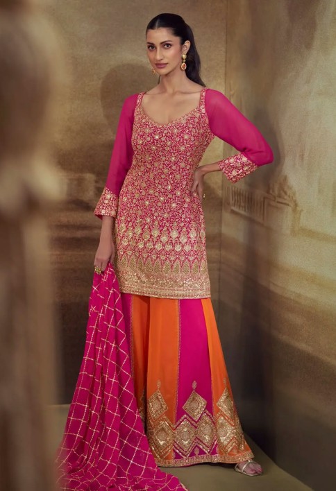 Pink Georgette Embroidered Palazzo Suit