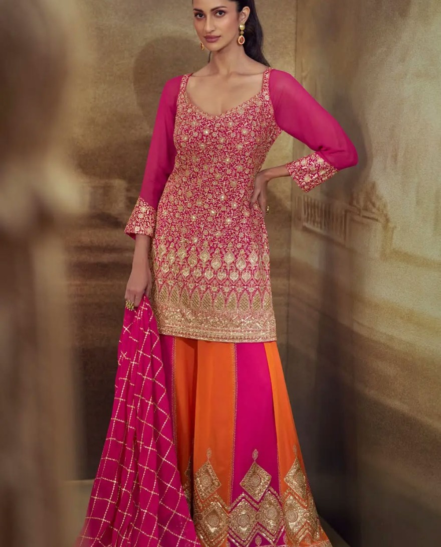 PINK - Pink Georgette Embroidered Palazzo Suit