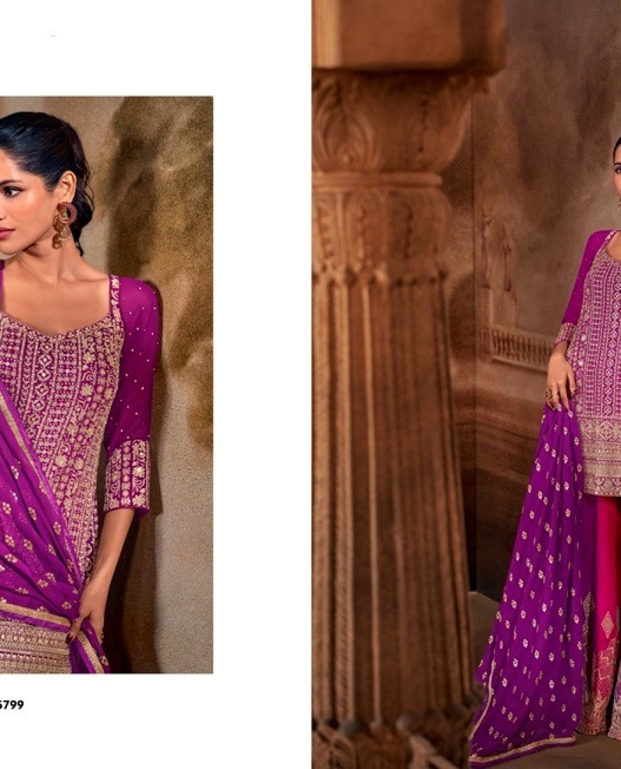 PURPLE - Purple Georgette Embroidered Palazzo Suit