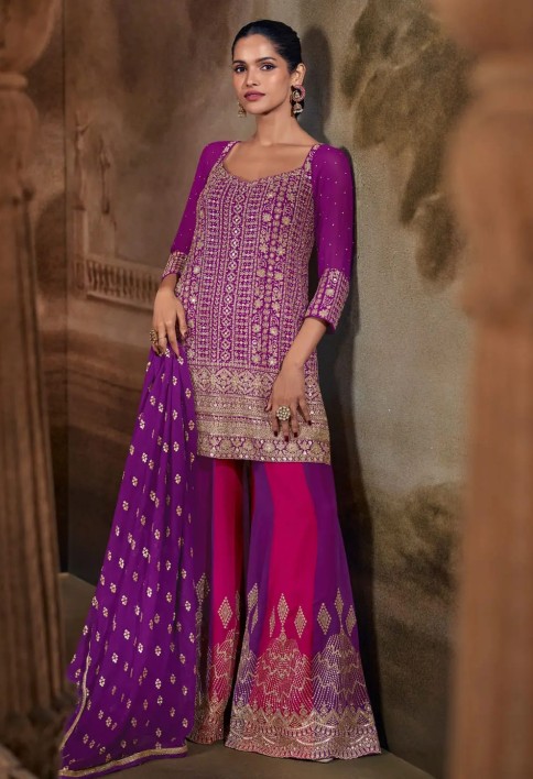 Purple Georgette Embroidered Palazzo Suit