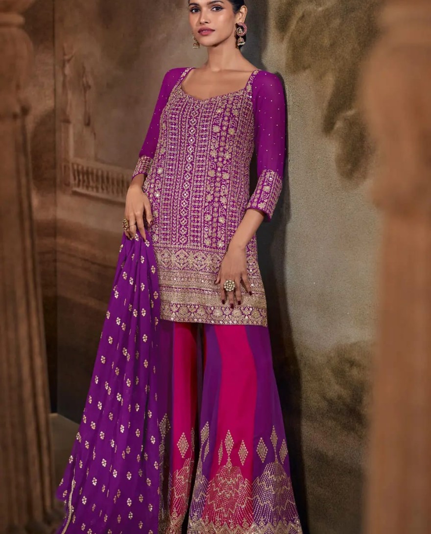 PURPLE - Purple Georgette Embroidered Palazzo Suit