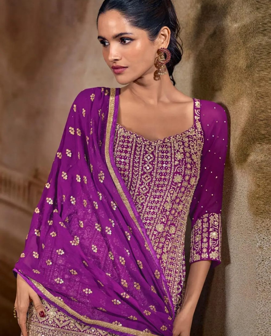 PURPLE - Purple Georgette Embroidered Palazzo Suit