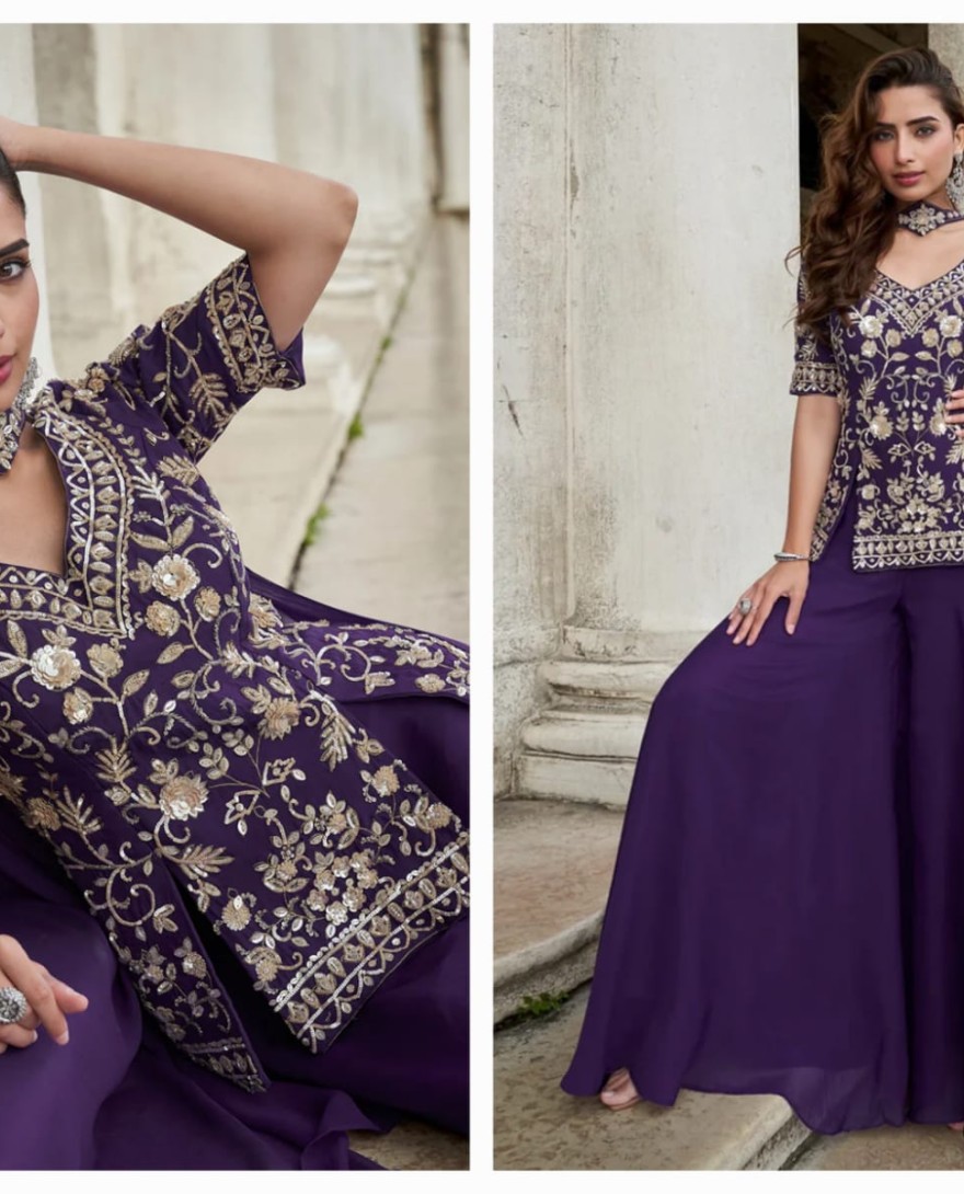 PURPLE - Designer Purple Embroidered Indo Western Organza Silk Party Wear Plaazo Suit