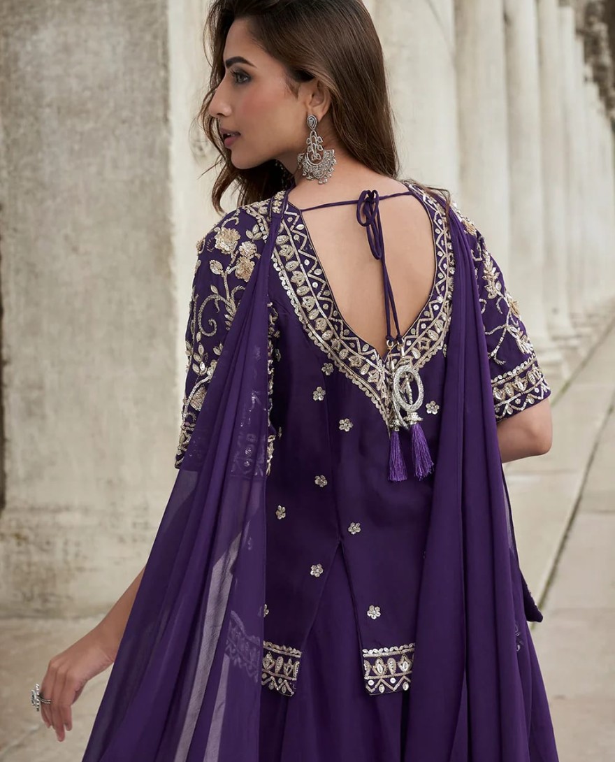 PURPLE - Designer Purple Embroidered Indo Western Organza Silk Party Wear Plaazo Suit