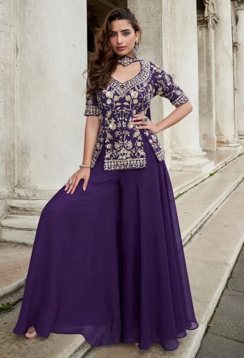 Designer Purple Embroidered Indo Western Organza Silk Party Wear Plaazo Suit