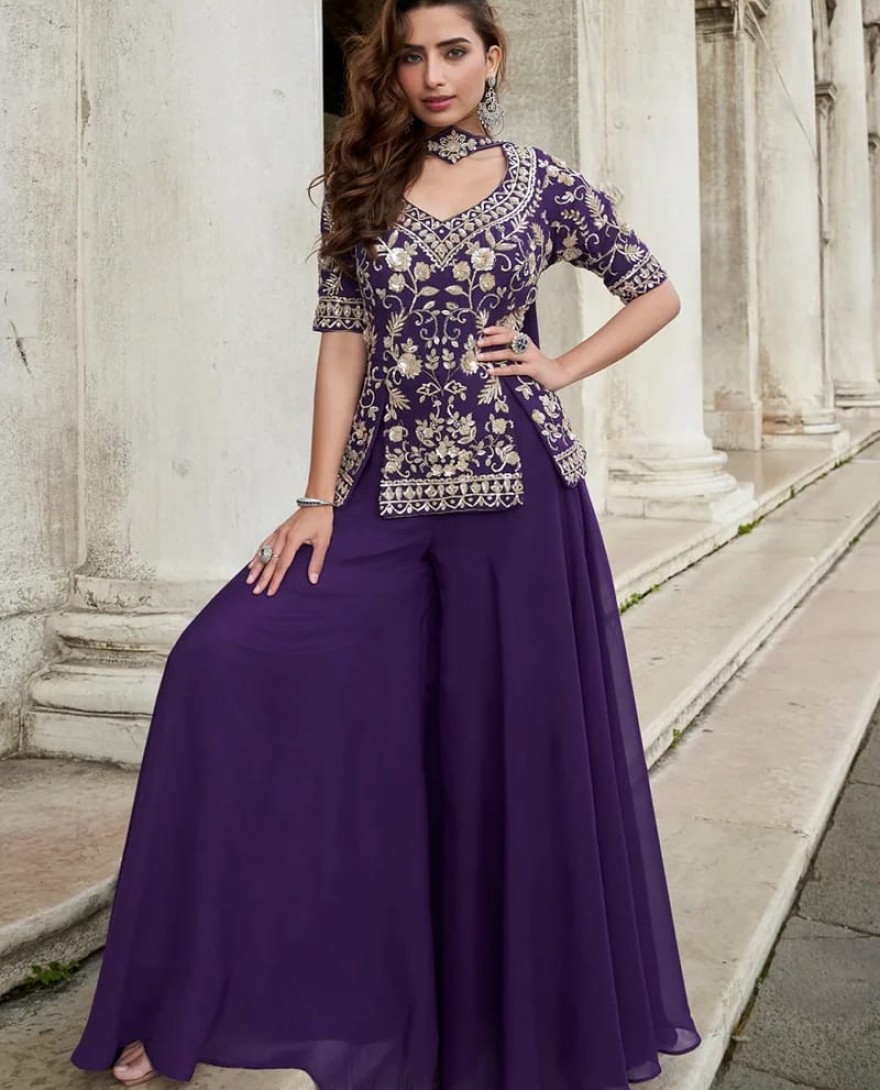 PURPLE - Designer Purple Embroidered Indo Western Organza Silk Party Wear Plaazo Suit