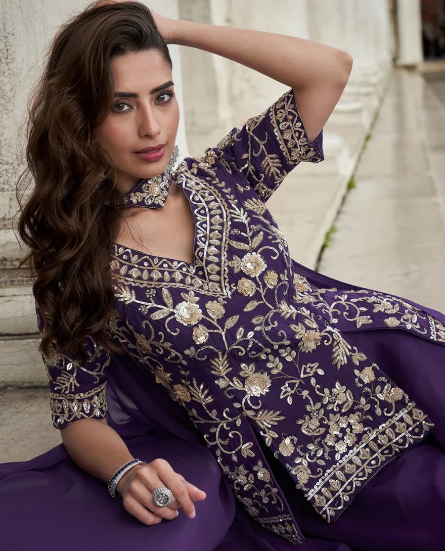 PURPLE - Designer Purple Embroidered Indo Western Organza Silk Party Wear Plaazo Suit