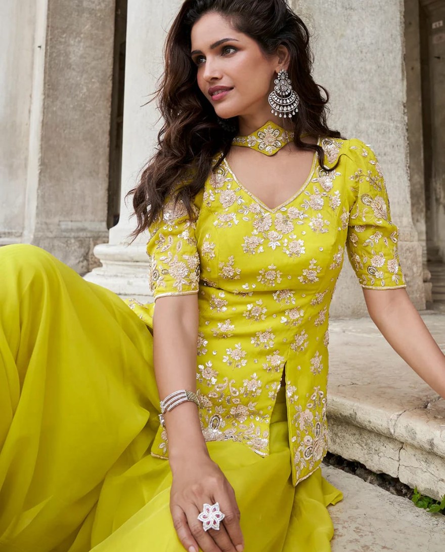 YELLOW - Designer Sunshine Yellow Embroidered Indo Western Organza Silk Party Wear Suit