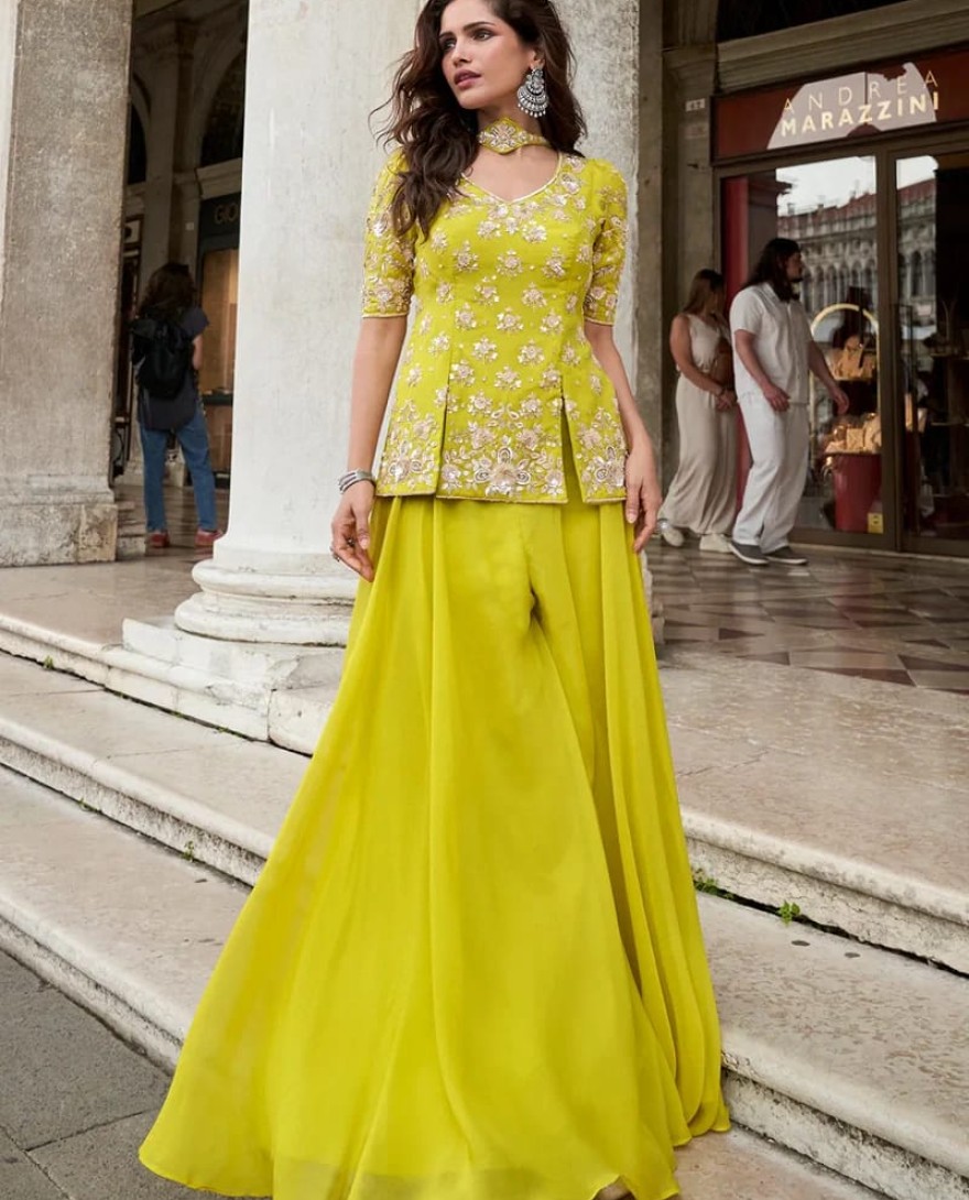 YELLOW - Designer Sunshine Yellow Embroidered Indo Western Organza Silk Party Wear Suit
