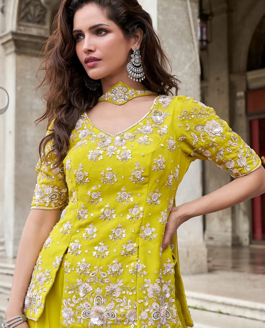 YELLOW - Designer Sunshine Yellow Embroidered Indo Western Organza Silk Party Wear Suit