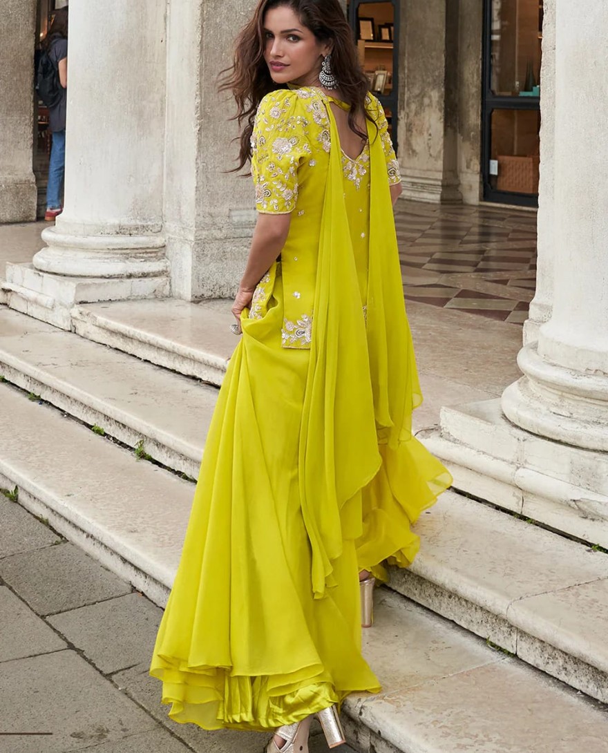 YELLOW - Designer Sunshine Yellow Embroidered Indo Western Organza Silk Party Wear Suit