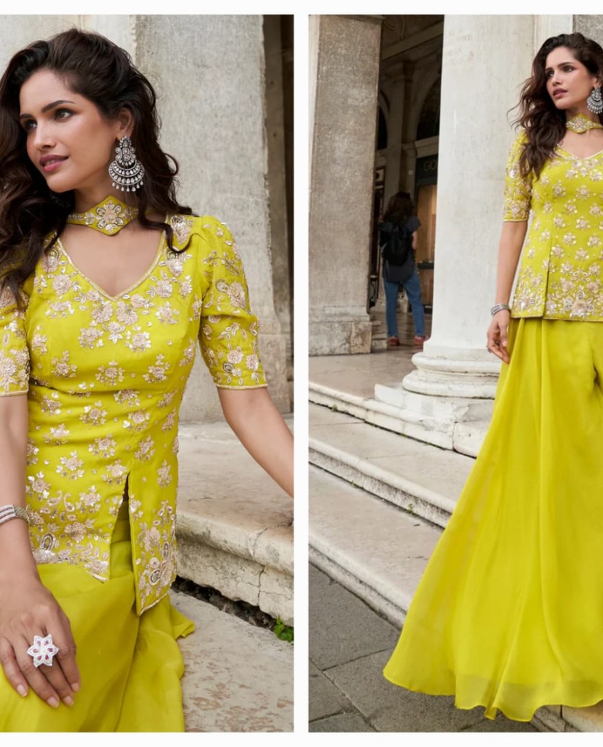 YELLOW - Designer Sunshine Yellow Embroidered Indo Western Organza Silk Party Wear Suit