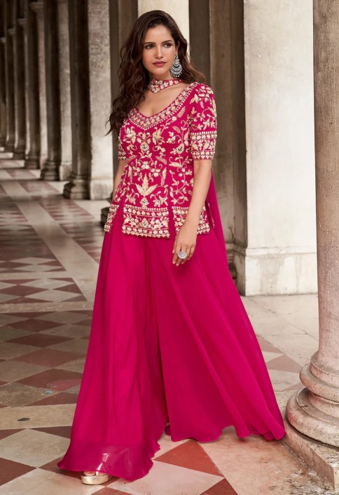 Designer Rani Pink Embroidered Indo Western Organza Silk Party Wear Plazzo Suit
