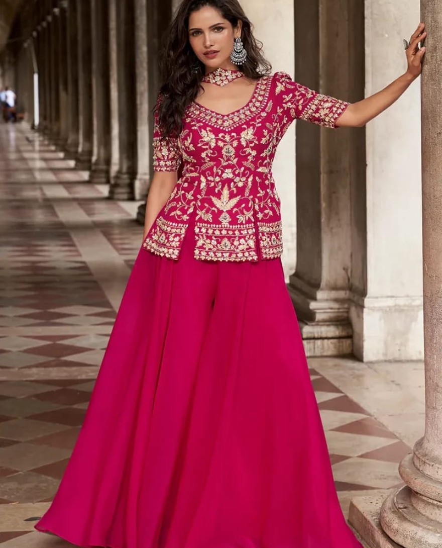 PINK - Designer Rani Pink Embroidered Indo Western Organza Silk Party Wear Plazzo Suit