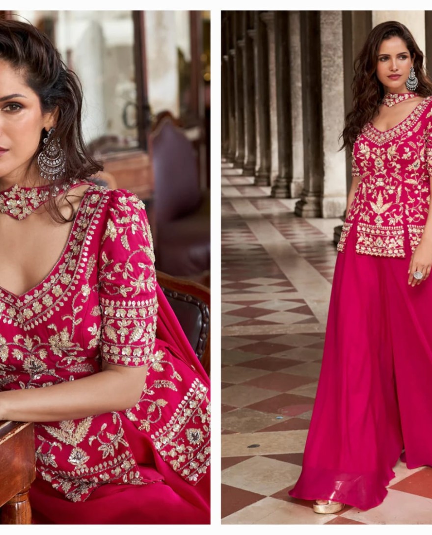 PINK - Designer Rani Pink Embroidered Indo Western Organza Silk Party Wear Plazzo Suit