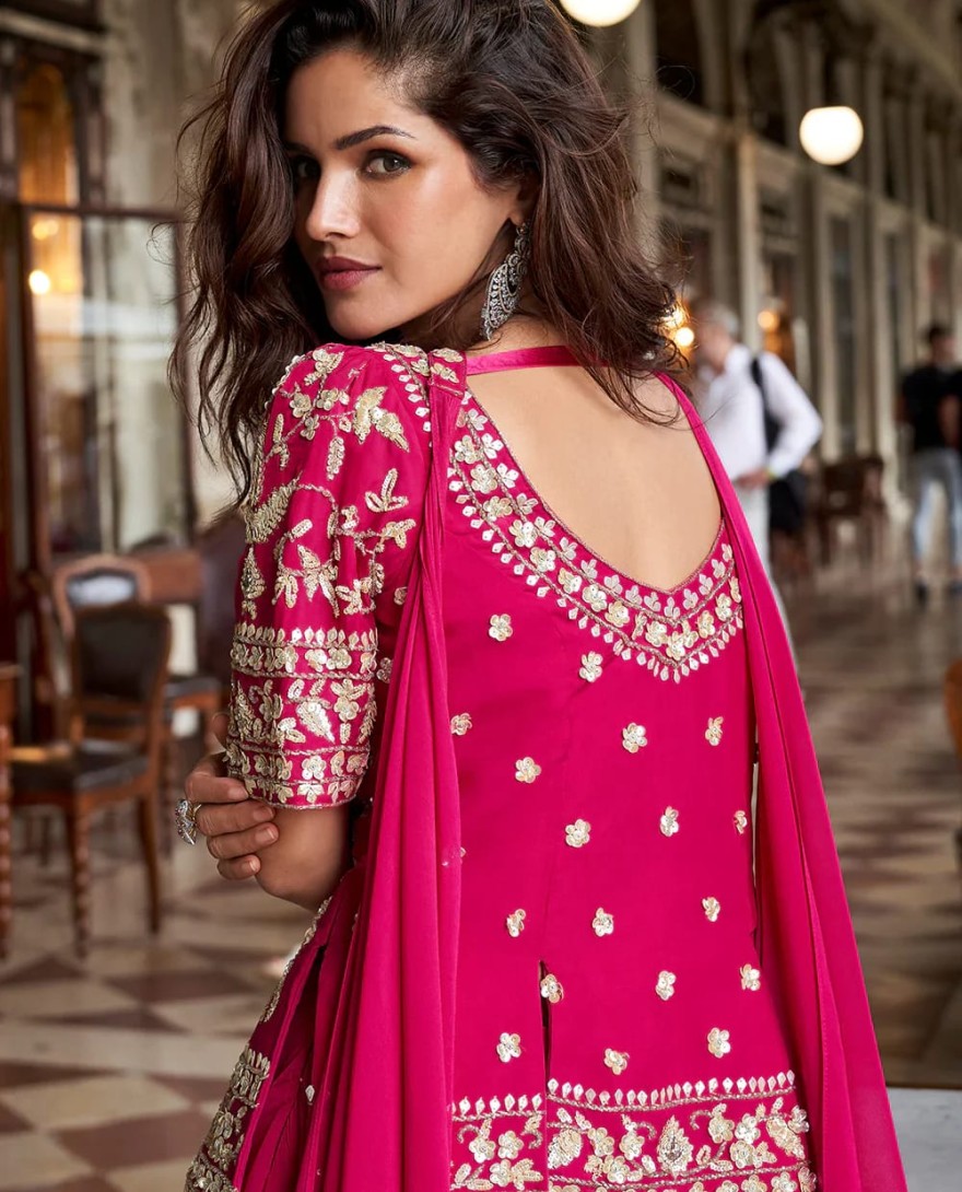 PINK - Designer Rani Pink Embroidered Indo Western Organza Silk Party Wear Plazzo Suit