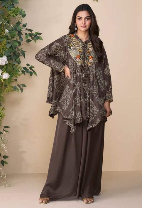 Designer Dark Brown Poncho Style Palazzo Suit – Mirror & Thread Embroidered