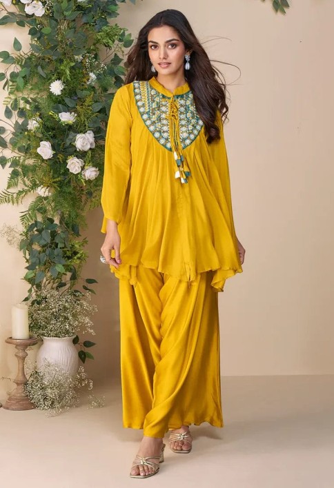 Designer Yellow Poncho Style Palazzo Suit in Chinon – Mehndi & Haldi Wear