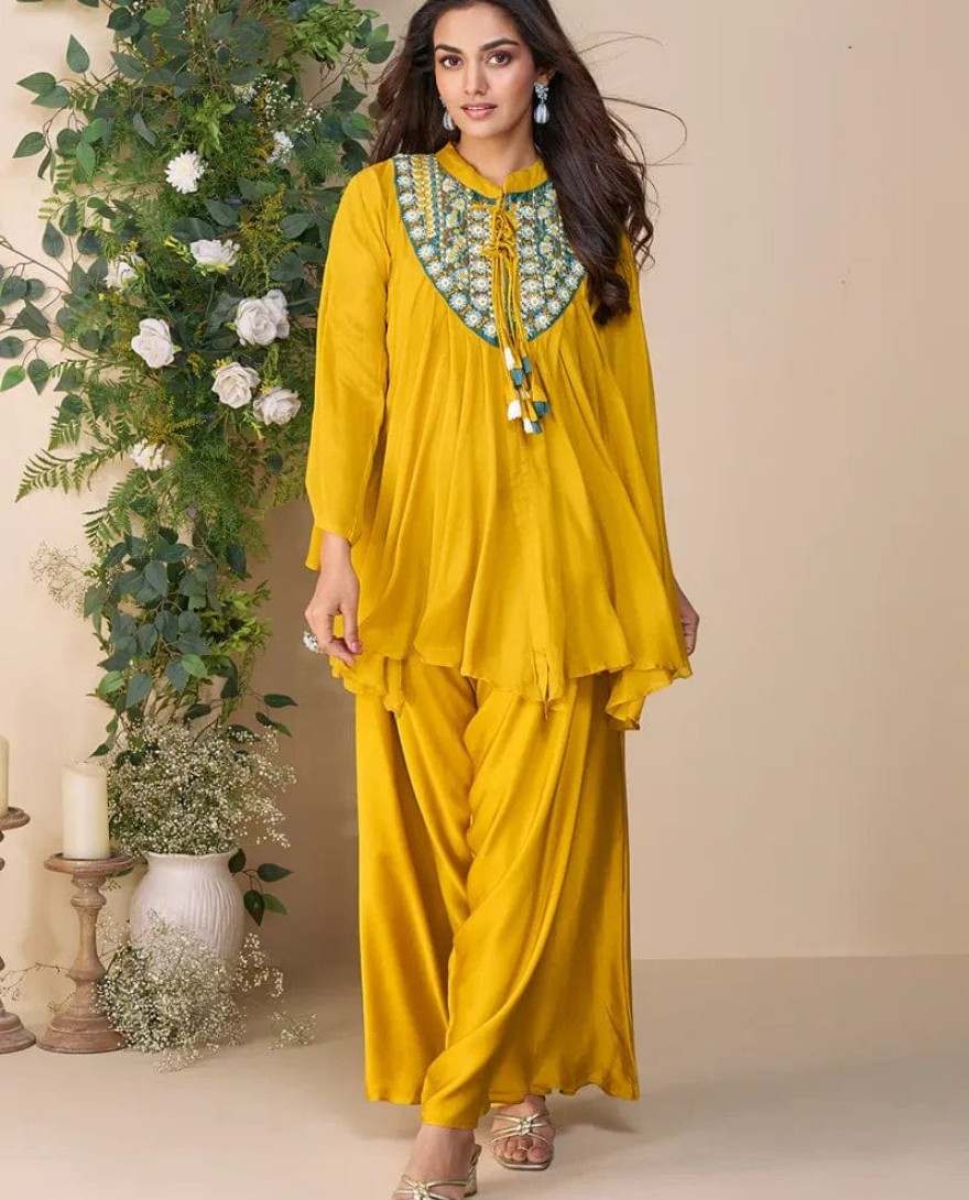10055 - Designer Yellow Poncho Style Palazzo Suit in Chinon – Mehndi & Haldi Wear