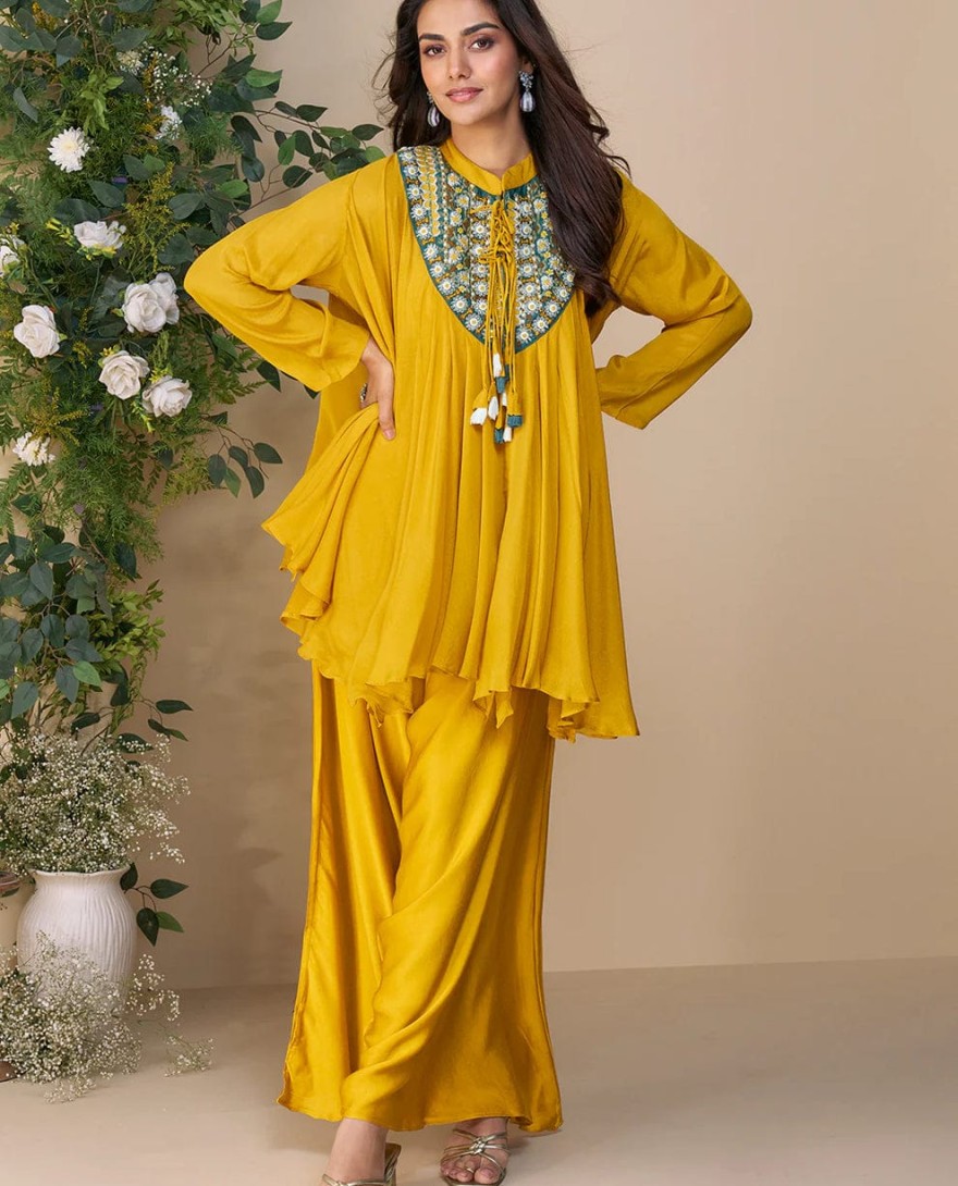 10055 - Designer Yellow Poncho Style Palazzo Suit in Chinon – Mehndi & Haldi Wear
