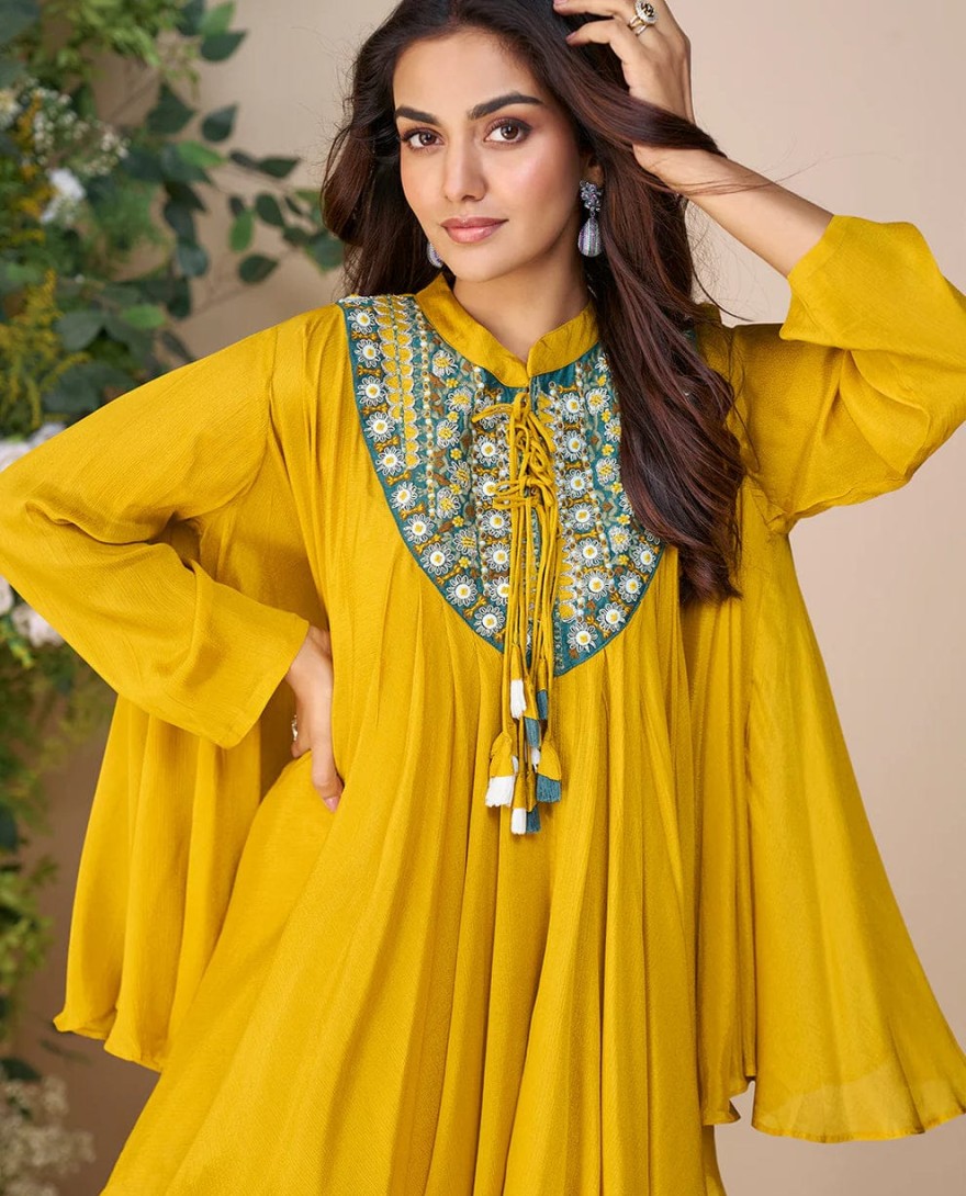 10055 - Designer Yellow Poncho Style Palazzo Suit in Chinon – Mehndi & Haldi Wear