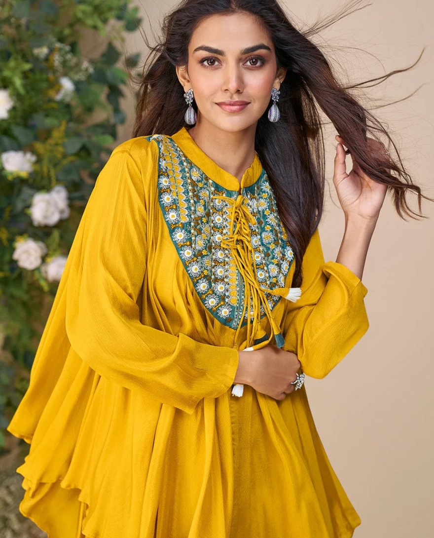 10055 - Designer Yellow Poncho Style Palazzo Suit in Chinon – Mehndi & Haldi Wear