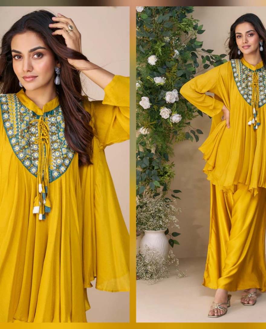 10055 - Designer Yellow Poncho Style Palazzo Suit in Chinon – Mehndi & Haldi Wear