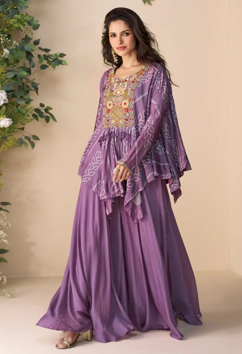 Designer Lavender Poncho Style Palazzo Suit in Chinon