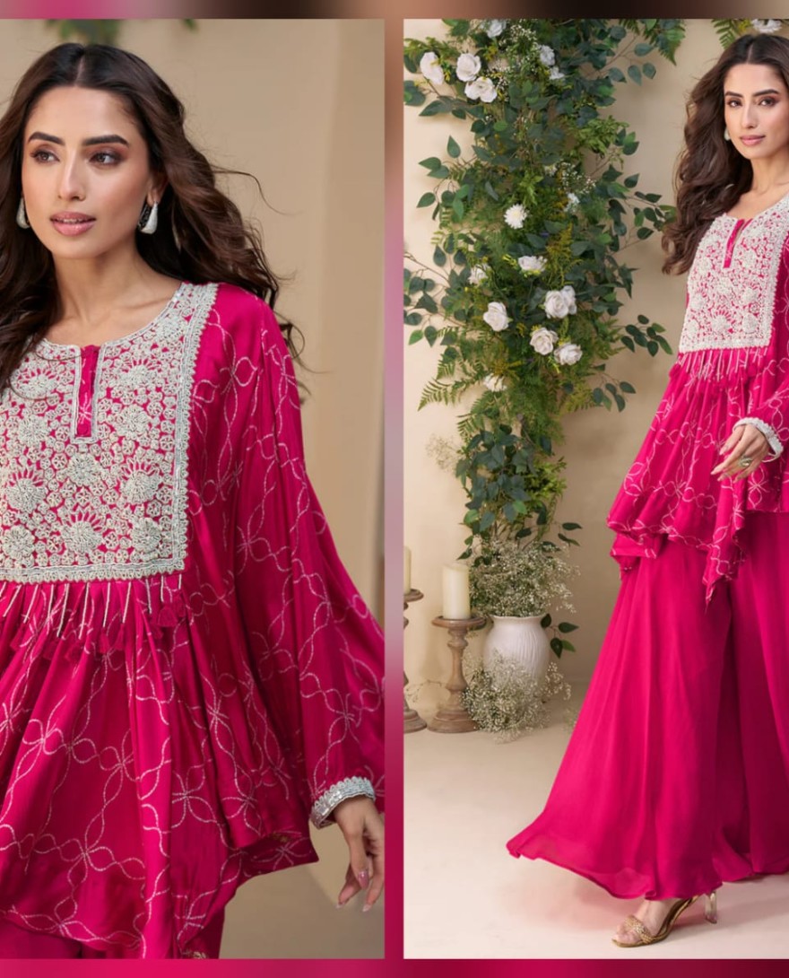 10057 - Rani Pink Poncho Style Palazzo Suit – Wedding Ready Indian Pakistani Look