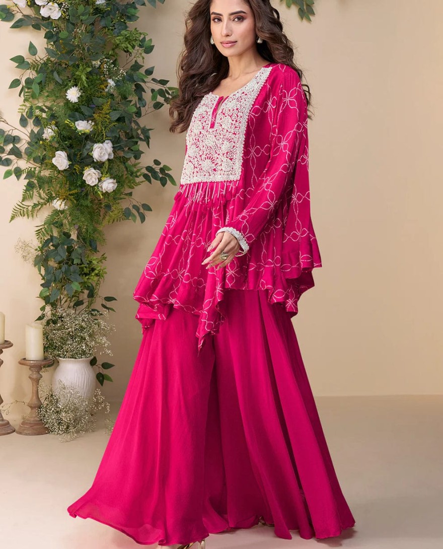 10057 - Rani Pink Poncho Style Palazzo Suit – Wedding Ready Indian Pakistani Look