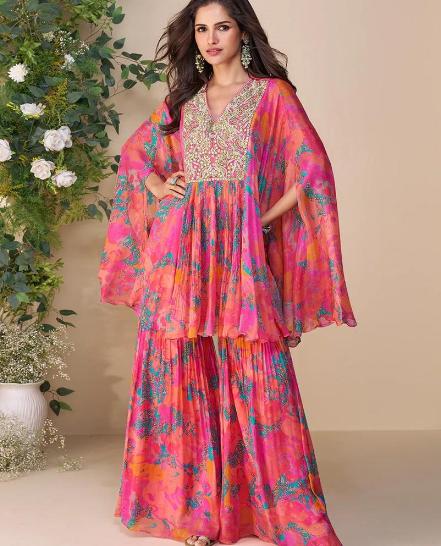 10058 - Designer Soft Pink Poncho Palazzo Suit in Chinon For Indian Wedding and Pakistani Festival