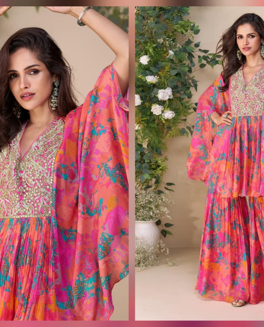 10058 - Designer Soft Pink Poncho Palazzo Suit in Chinon For Indian Wedding and Pakistani Festival