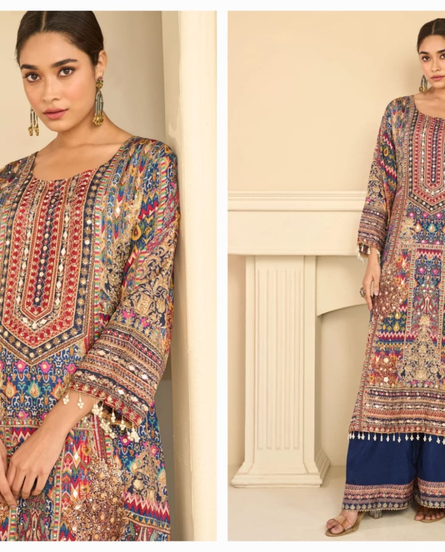 BLUE - Multi Colour Crepe Silk Aari, Gota and Print Work Salwar Suit
