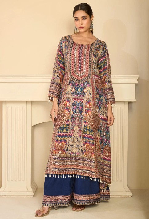Multi Colour Crepe Silk Aari, Gota and Print Work Salwar Suit