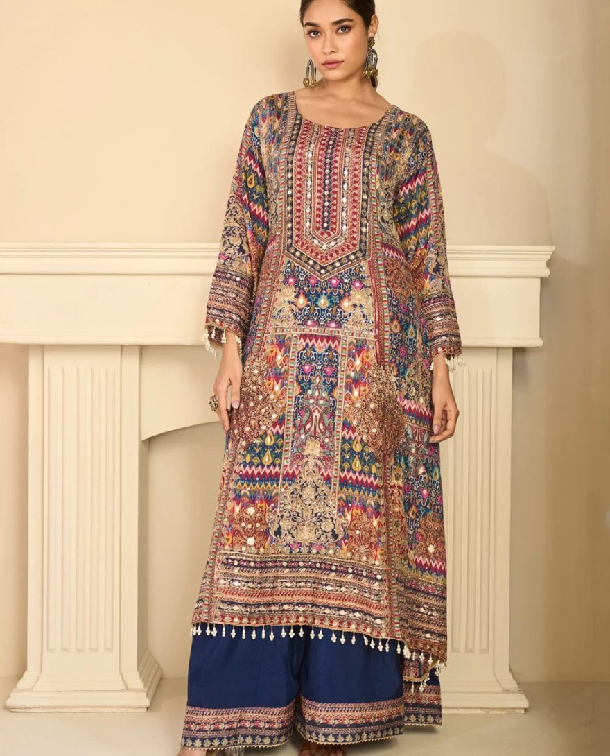 BLUE - Multi Colour Crepe Silk Aari, Gota and Print Work Salwar Suit