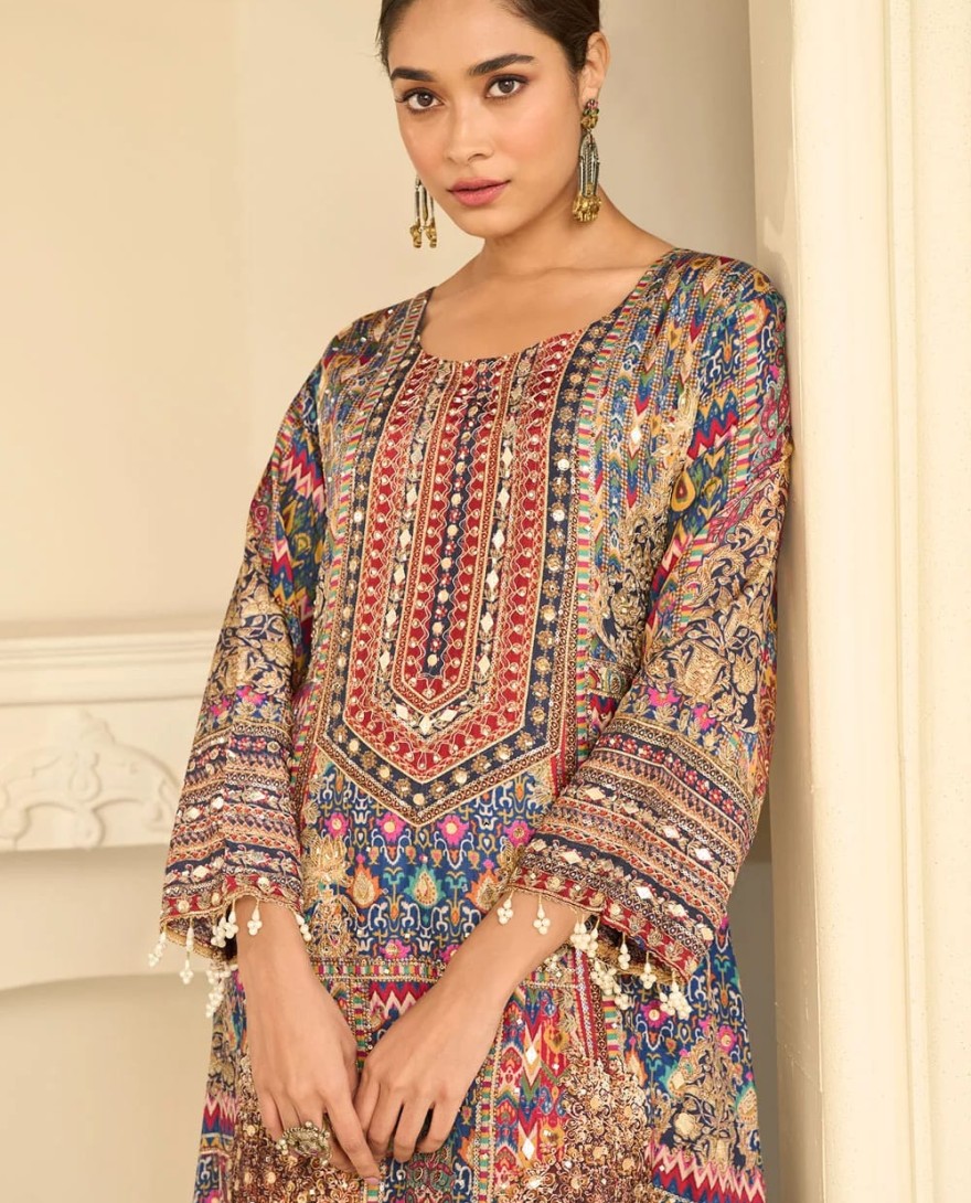 BLUE - Multi Colour Crepe Silk Aari, Gota and Print Work Salwar Suit