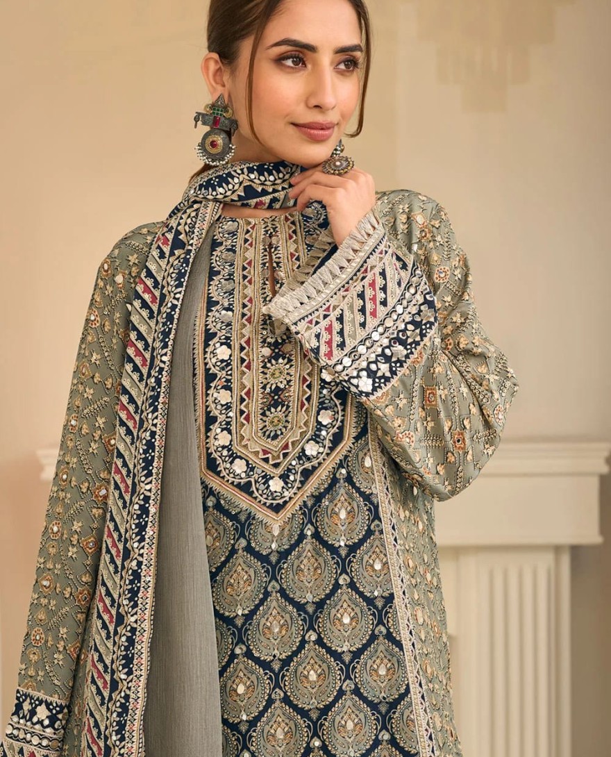 GREY - Grey Crepe Silk Aari, Gota and Print Work Readymade Salwar Suit