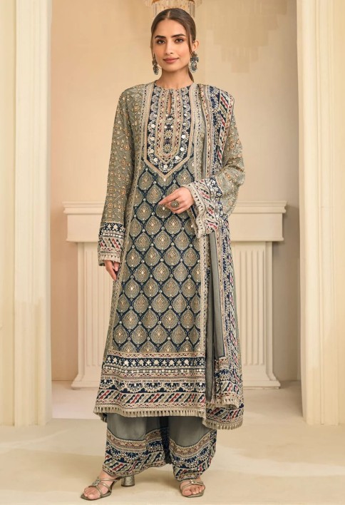Grey Crepe Silk Aari, Gota and Print Work Readymade Salwar Suit